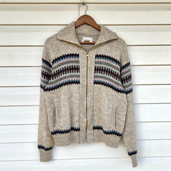 Vintage 80s 90s Campus Cream Sweater Full Zip Medium (C)